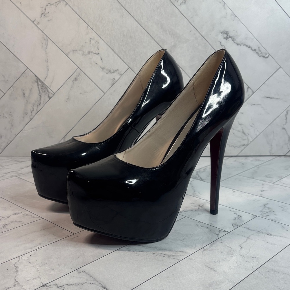 Heisimei Women Black Patent Platform Red Out Sole High Heel Pumps Size CN45 US12